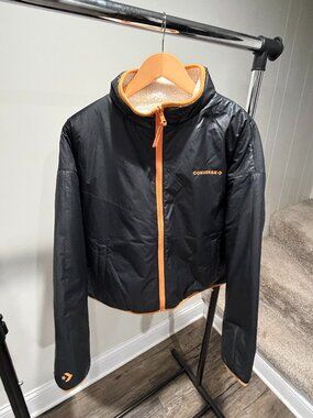 Converse Reversible Sherpa Jacket Black & Cream Cropped Fleece Coat Size L